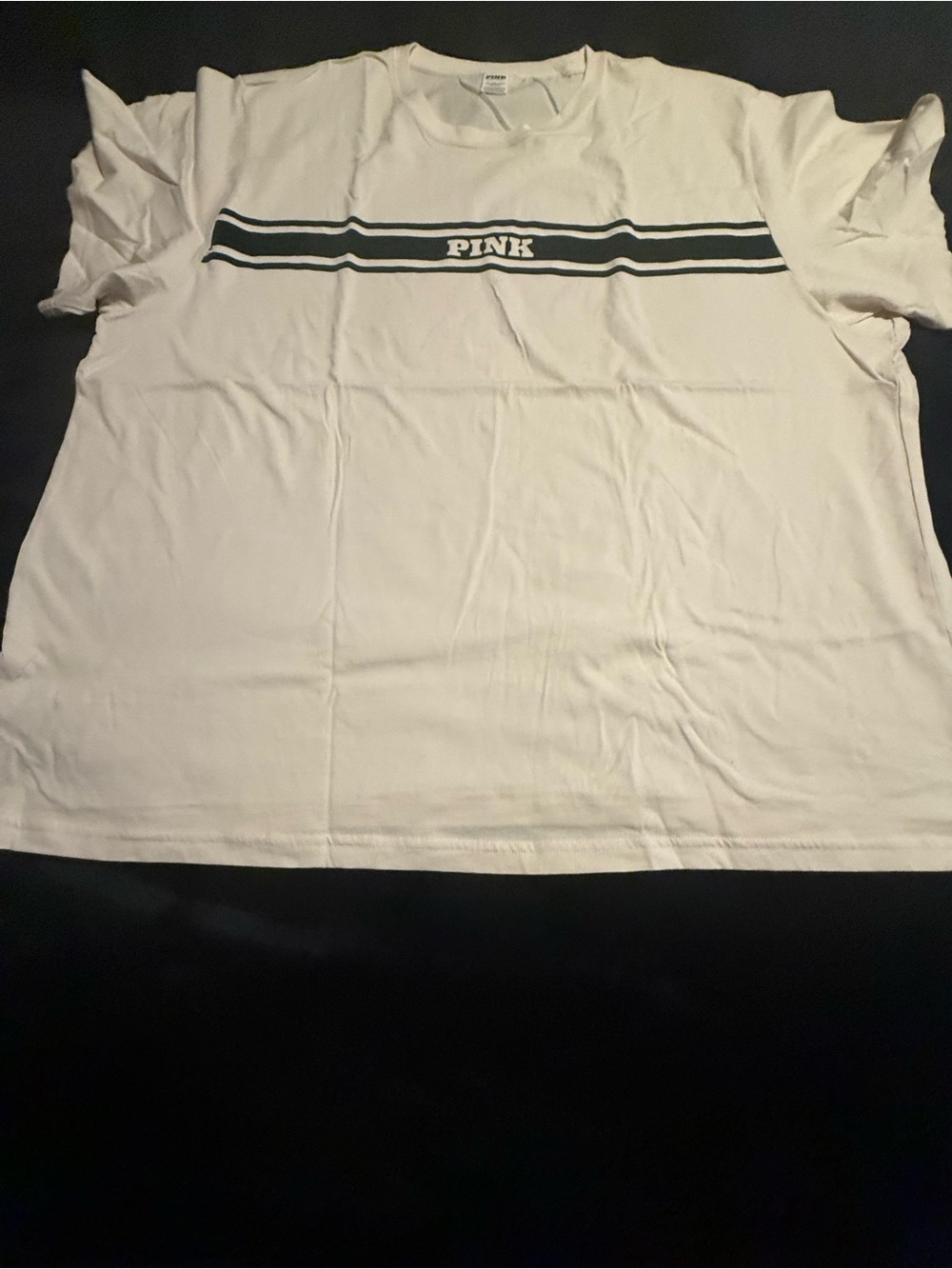 PINK Victoria's Secret White Short Sleeve Tee with Black Stripe Logo